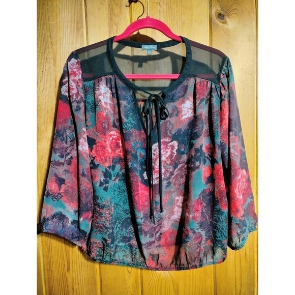 Lily Rose black and red floral blouse woman size XL - Picture 1 of 6